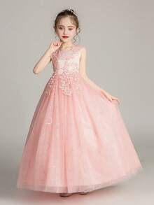 Tween Girls Embroidery Applique Bridesmaid Wedding Party Flower Girl Dress, Elegant Tulle Birthday Party Children Clothing Graduation Ceremony Hosting Performance - 粉色 - 查看 6
