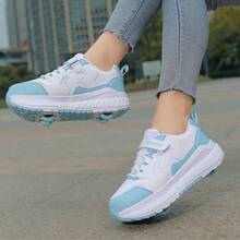 1 双适合青少年、女孩和男孩的四轮旱冰鞋，带轮子的滑板运动鞋，适合步行和轮滑 - 藍色 - 查看 3