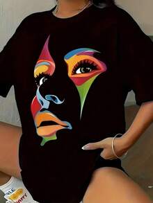 Women's Round Neck T-Shirt With Colorful Artistic Face Print, Fashion Women's Face Print T-Shirt, Casual Short Sleeve T-Shirt, Promotion Women's Blouse, Comfort For All Seasons - 黑色 - 查看 1