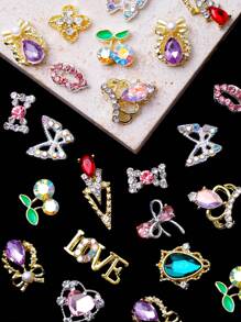 Un paquete de 24 lujosos sets mixtos de uñas de doble color en oro y plata, accesorios de decoración de uñas 3D con rhinestones, flores de diamantes, mariposas, adornos metálicos con forma de cereza, vidrio, cristal, gemas, joyería para uñas, accesorios de manualidades para uñas de niñas, decoración tridimensional