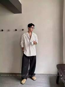 男士休闲撞色条纹长袖纽扣衬衫，适合通勤和度假，秋季 - 彩色 - 查看 2