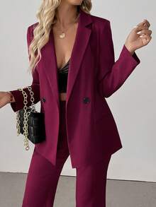 2 件套优雅酒红色女士套装，含双排扣西装外套和喇叭裤，秋季 - 酒紅色 - 查看 4