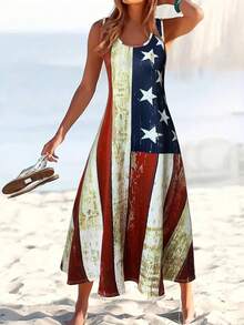 Women's Casual Long Tank Dress With American Flag Print- Round Neck Summer Sundress, Casual Vacation Outfit, Stretchy Bodycon Midi Dress For Beach & Daily Wear,Fashion Vacation Outfits Women,Bohemia Multicolor Women Long Dresses - Nhiều màu - Xem 2