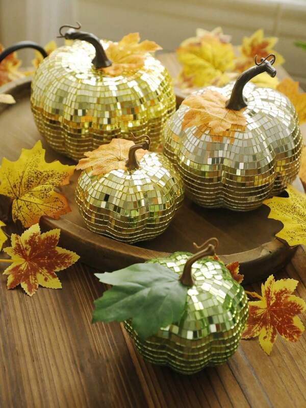 1 Stück goldener Disco-Kürbis Halloween Thanksgiving Deko - Spiegelkugel-Kürbisse - Glamouröse Pailletten-Kürbis-Ornamente für Partys, Herbst und saisonale Dekoration - Glänzende Tischzentren und Feiertags-Dekoration
