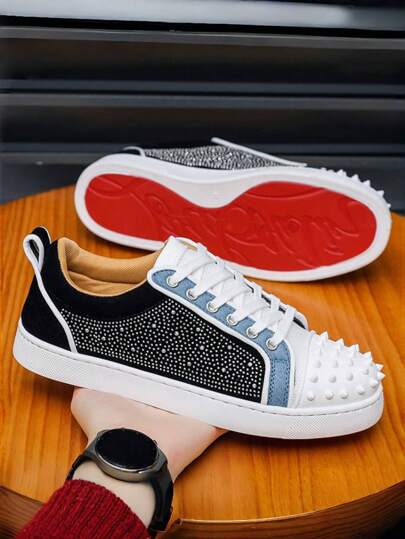 Men's Sneakers Punk Style Metal Rivet Decoration Low-Top Board Shoes Niche Classic Color Blocking Spliced Microfiber Leather Round Toe Non-Slip Breathable Soft Sole Casual Sports Running Dance Party Shoes, Suitable For All Seasons
