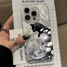 1pc Feather Pattern, Black Cat Flower Painting, Simple IMD Personalized Phone Case, Fit For IPhone 16 ProMax, 15/14 Plus, 13/12/11, Protective Cover Waterproof Shockproof Anti-Fall Scratch Resistant