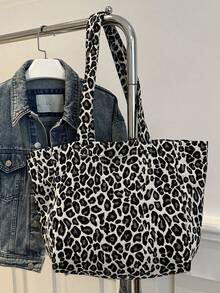 大容量豹纹背包，2025夏季新款百搭休闲手提包，单肩托特包适合上学通勤 - 黑色 - 查看 2
