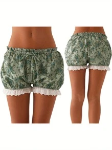 Womens Lace Trim Shorts Casual Elastic Waist Plaid Print Bloomers Lolita Cosplay Costume