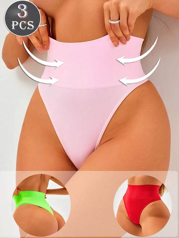 Set de 3 piezas de ropa interior moldeadora de mujer con cintura alta, sin costuras, sexy, con control abdominal, para dar forma al Body, levantar glúteos, adelgazar la cintura y aplanar el abdomen, en estilo deportivo casual
