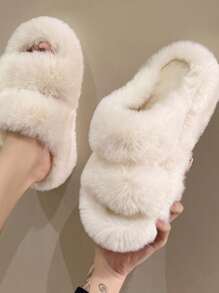 Platform Fluffy Open Toe Slip-On Slippers For Women, Antiskid & Versatile, 2024 Autumn/Winter New Arrivals, House Slippers