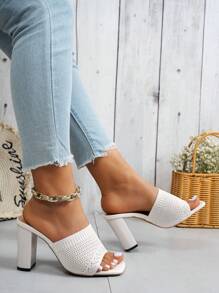 Damen atmungsaktive bequeme Riemen Dekor unifarbene quadratische Zehenträger Slides, einfache Mode flacher Absatz Dekor geeignet für Gehen, Reise, Party, Date, weiße gestrickte Stoff Sommer Damen Hoch-Absatz Pantoffeln