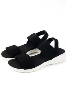 女士防滑透气松紧带宽松休闲运动凉鞋一脚蹬轻便沙滩拖鞋，2025新款夏季小码，休闲钩环平底软底百搭户外凉鞋，防水，孕妇友好 - 黑色 - 查看 5