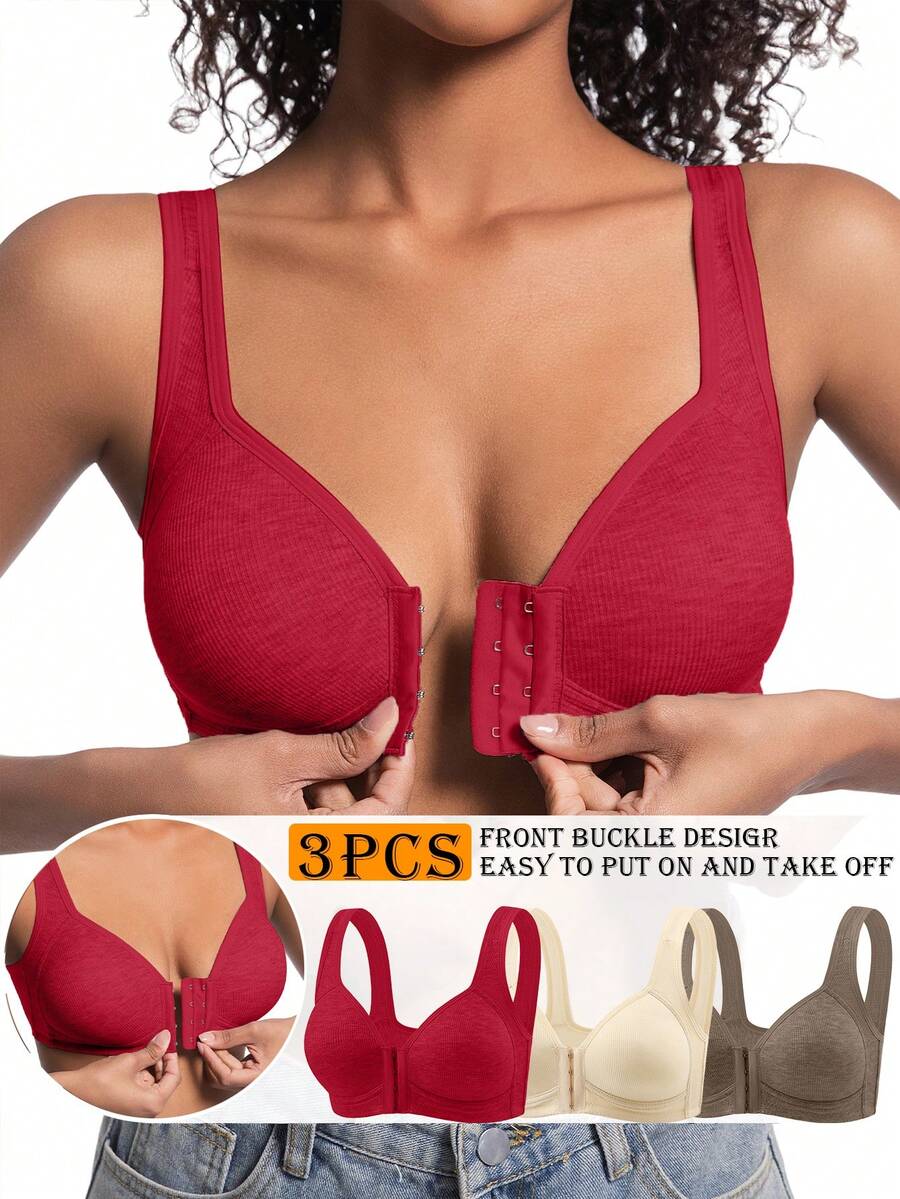 3PCS EssElegance Adjustable Front Closure Push-Up Bra Wire-Free Cross-Back, Seamless & Side Support For Daily Wear, Spring-Summer Comfort - Multicolor 2 - View 1