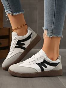 女士圆头低帮休闲运动鞋，防水防滑易清洁，舒适平底百搭白色鞋子，拼色运动休闲复古硫化鞋，黑/白/灰，春/秋 - 黑與白 - 查看 7
