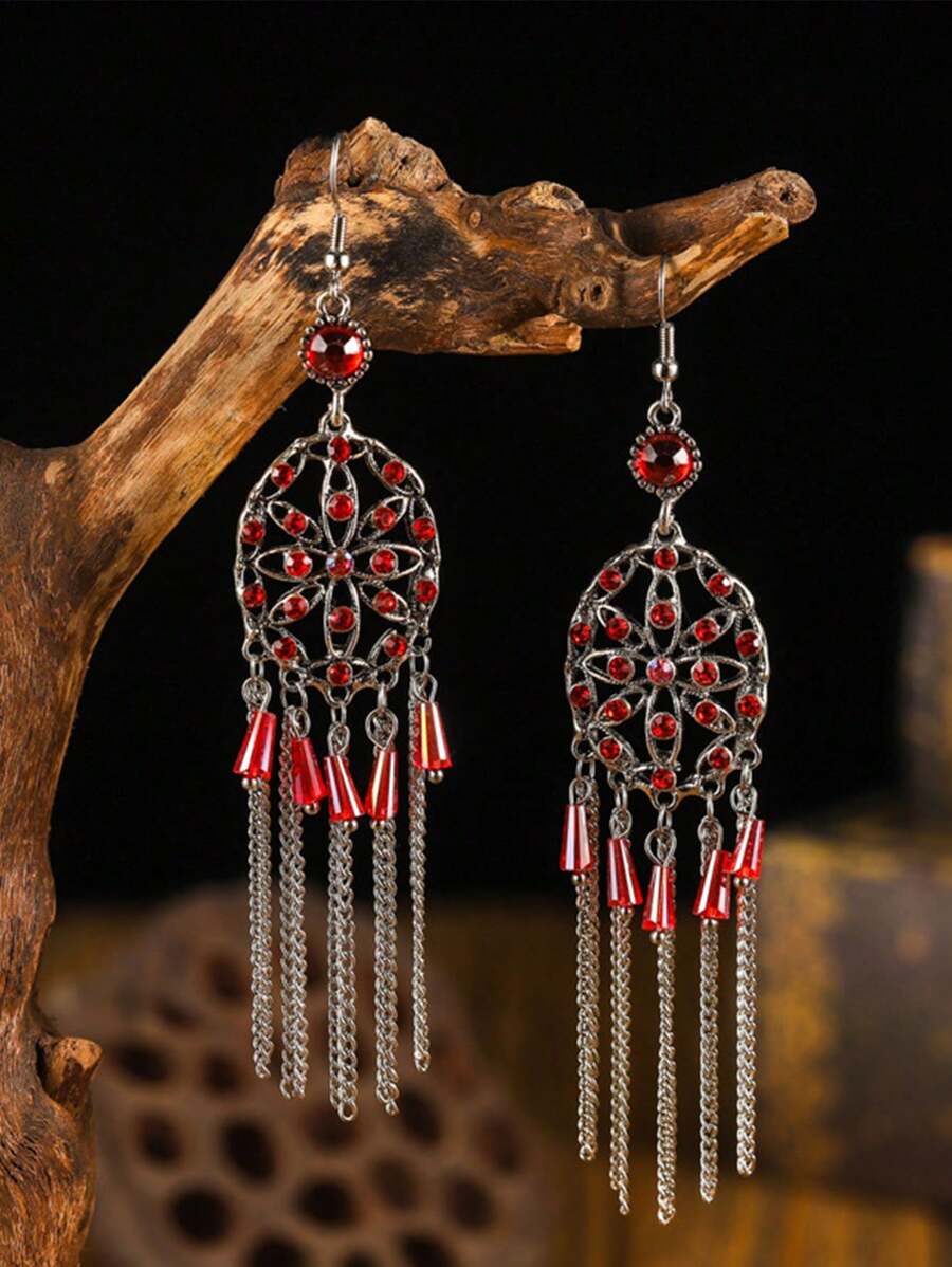 Brincos Vintage de Gota Oca, Brincos de Borla com Strass Vermelho, Acessórios Tradicionais Chineses de Hanfu e Cheongsam