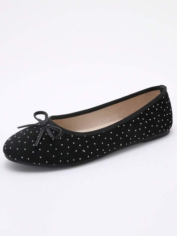 Ballet Dance Flats, Round Toe Black Bow, Crystal Decor, Soft & Comfortable Flat Bottom, Lightweight, One-Step Slip-On, Suitable For Work, Travel, Vacation, Party, Casual, Elegant, Adorable Lady Loafers