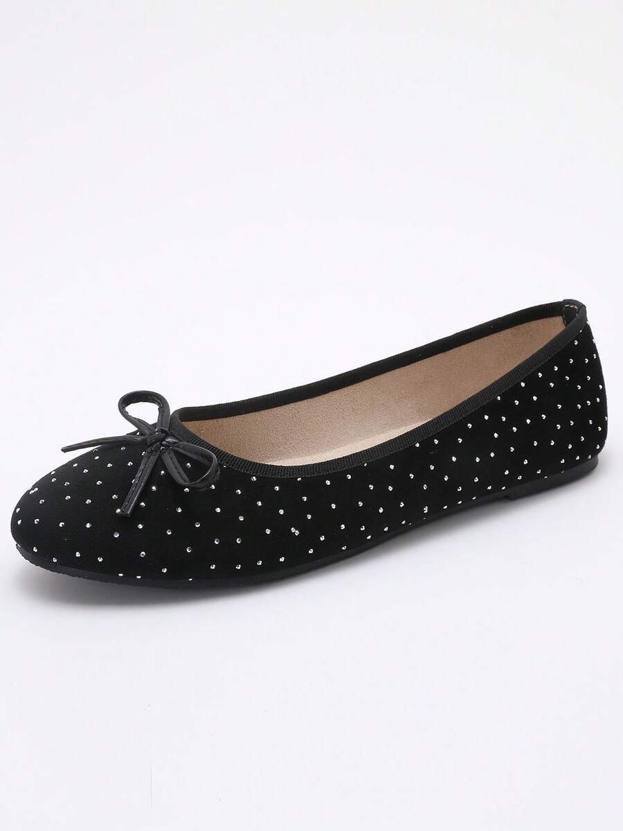 Ballet Dance Flats, Round Toe Black Bow, Crystal Decor, Soft & Comfortable Flat Bottom, Lightweight, Slip-On, Suitable For Work, Travel, Vacation, Party, Casual, Elegant, Adorable Lady Loafers - Black - View 1
