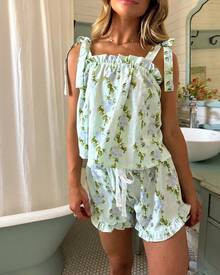 Women Y2k Floral Print 2 Piece Pajamas Set Loungewear Suits Tie-Up Bow Straps Sleeveless Cami Tops And Shorts Vacation Beach Clothes Sleepwear Pjs Outfits - 綠色 - 查看 1