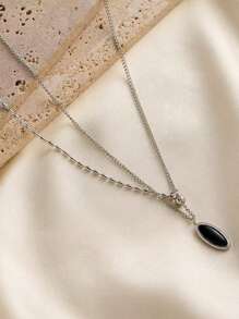 1pc Vintage French Style Titanium Steel Chain Oval Pendant Necklace, Fashionable Minimalist Choker Necklace, Elegant Elegant Neck Accessory