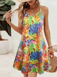 Tropical Printed Women's V-Neck Mini Dress For Summer,Sexy Vacation Beach Dress, Flowy Summer Party Dress For Women,Leisurely Summer Outfits For Women,Casual Backless Women Short Dresses - Màu vàng - Xem 2