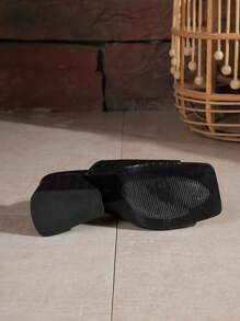 黑色性感女士高跟拖鞋，方头粗跟，舒适时尚编织，露趾一脚蹬凉鞋，适合夏季