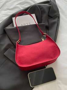 时尚简约单肩托特包手提包，复古复古腋下包，高端轻便拉链手提法棍包，多功能大容量小零钱包，别致欧美街头风，适合派对，上班通勤，化妆品收纳 - 紅色 - 查看 3