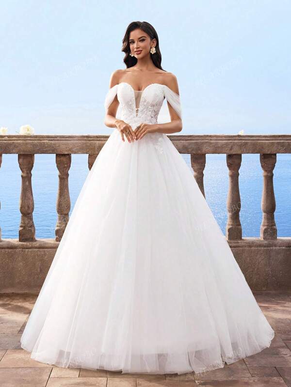 HEARBOBO Off The Shoulder White Engagement Sexy Mesh A-Line Wedding Dress Bridal With Train