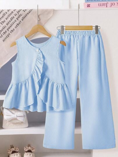 Left Mama Girls Casual Asymmetrical Ruffle Trim Striped Sleeveless Top And Straight Pants Set, Summer