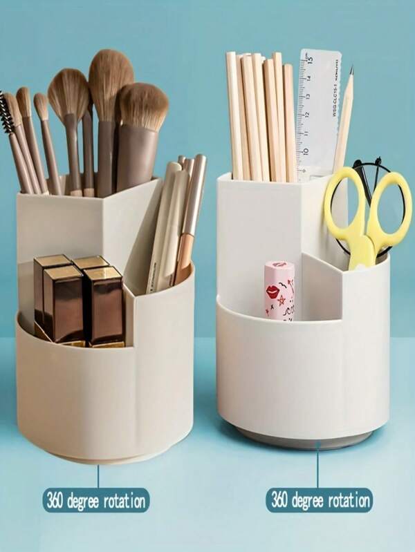 1pc 360 Degree Rotating Pen Holder | Multi-Compartment Office Desk Storage Box | Plastic | Large Capacity For Pens, Pencils & Cosmetics | Neutral Color | Suitable For Office, Bedroom, Bathroom | Neutral Decor | Multi-Layer Storage , Back To School Gifts