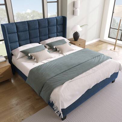 Upholstered Bed With Its Upholstered Headboard Double Bed With Slatted Frame, 140x200cm, In Blue Linen, Medium Firm (Without Mattress)