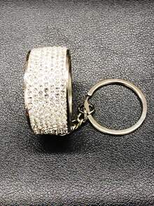 AD 1pc White Rhinestone Car Key Chain, Zinc Alloy Car Wheel Keychain With Rhinestone, Car Key Accessories - White - View 4