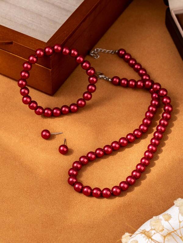 1 Set Elegant Fashion French Style Pearl Bead Necklace Bracelet Earring Jewelry Set, Luxurious Accessories For Women