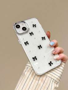 Cute Black Bow & Shiny Silver Border Transparent Background Epoxy Phone Case Compatible With IPhone 17/17Air/17Pro/17ProMax/16/15/14/13/12/11/X/XS/XR/Mini/Pro Max/Pro/Plus TPU All-Inclusive Soft Case - Black - View 5