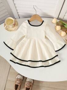 Baby Girls Cute Square Neck Jacquard Flared Long Sleeve Waisted Dress, Suitable For Autumn/Winter, Warm And Homewear