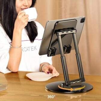 Adjustable Rotatable Tablet Stand & Phone Holder - Foldable, Desktop Compatible With All Smartphones & Tablets, Sturdy Carbon Steel, Black, Desk Mounts For Table