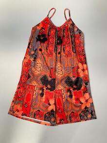 Women's Sleeveless All-Over Print Jumpsuit, Suitable For Summer Vacation - Orange - View 9