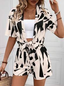 Conjunto De 2 Piezas Con Camisa De Mangas Cortas Y Estampado Y Shorts,Conjuntos Camisa Manga Cortas Con Pantalones Cortos - Beis - Ver 5