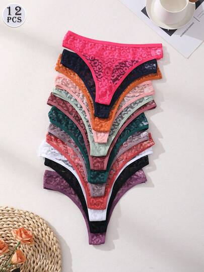 12 PCS Sexy Low Waist Seamless Thong Lace Hollow Out Women's Panties Leopard Solid Color Romantic Lingerie Comfortable And Breathable Sports Underwear