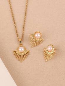 3pcs/Set Fashion Geometric Pearl Necklace & Earrings Set, Stainless Steel Jewelry, Exaggerated Design Accessories, Gifts For Girlfriend/Wife, Suitable For Women's Daily/Vacation Wear - Yellow Gold - View 2