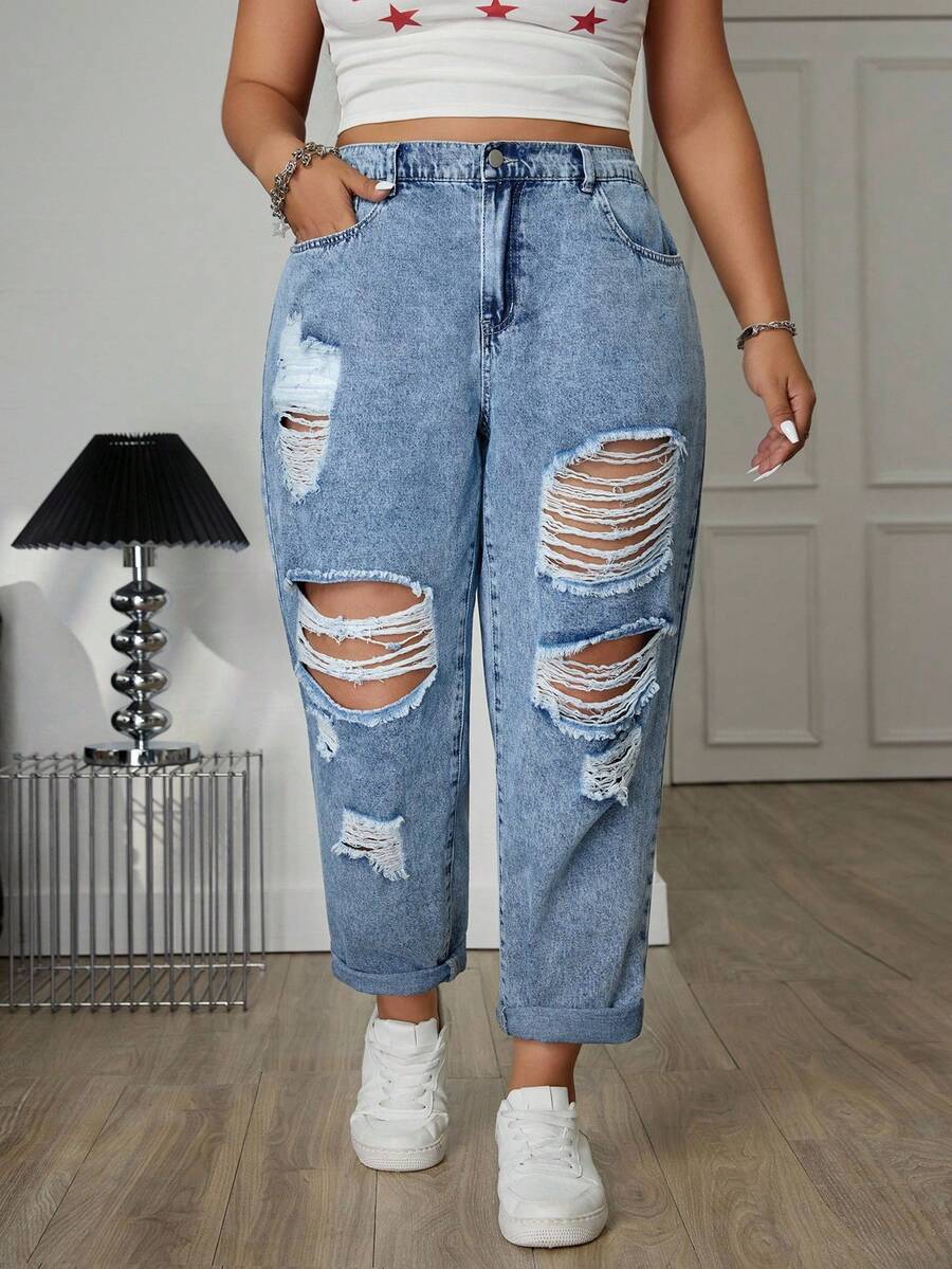 Jeanoix Plus Size Casual Bleashed Ripped Loose Jeans - Light Wash - View 1