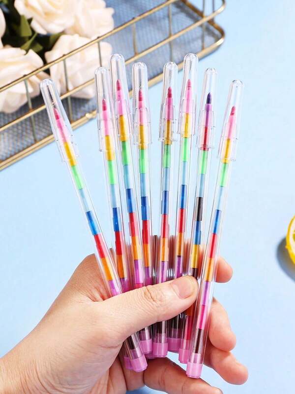 12pcs 11-Segment Stackable Colored Wax Crayons For Students, Wax Crayon Drawing, School Stationery Supplies, Stackable Structure, Colored Pencils