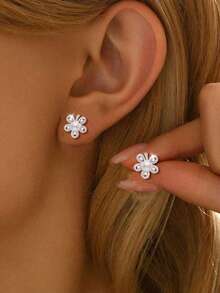 S925 纯银珍珠首饰套装，简约精致的花朵珍珠项链和耳环耳钉，优雅高端女士配饰，适合派对/活动佩戴，节日礼物 - 彩色 - 查看 7