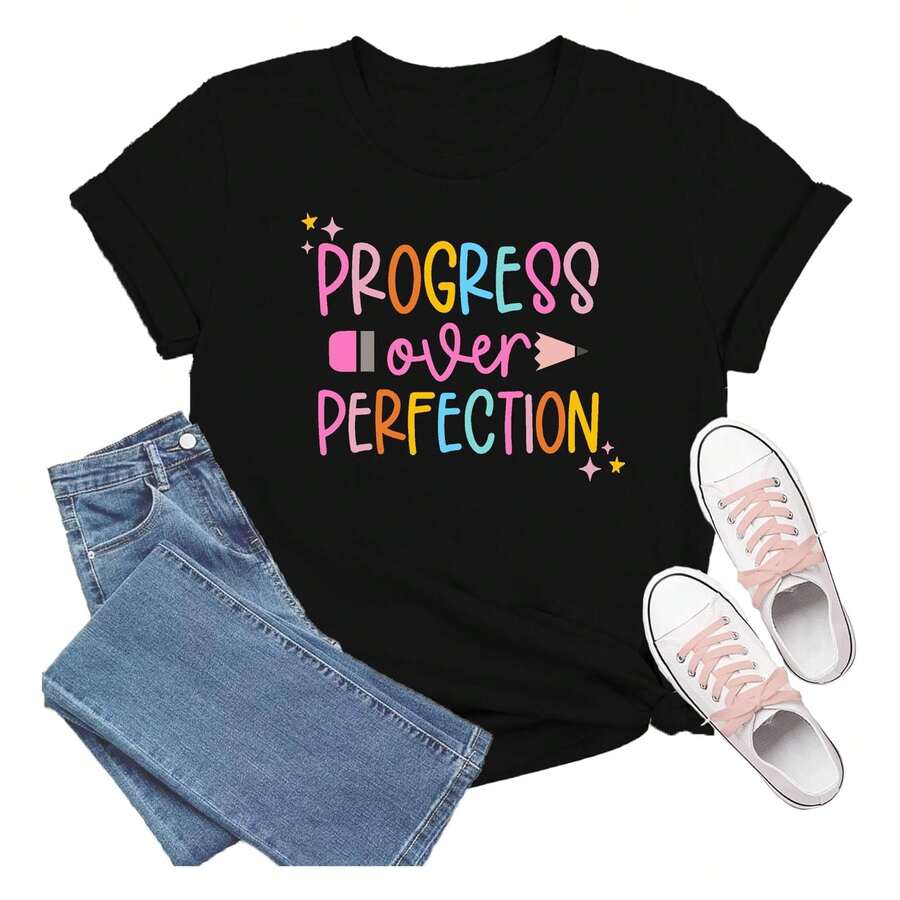 Teacher Shirts For Women Teaching T-Shirt Progress Over Perfection Tee TopsWomen's T-Shirt With Fun Graphics - 黑色 - 查看 1