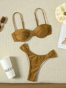 全新纯色简约日常装欧美风女士比基尼套装，非常适合海滩度假 - 棕色 - 查看 1