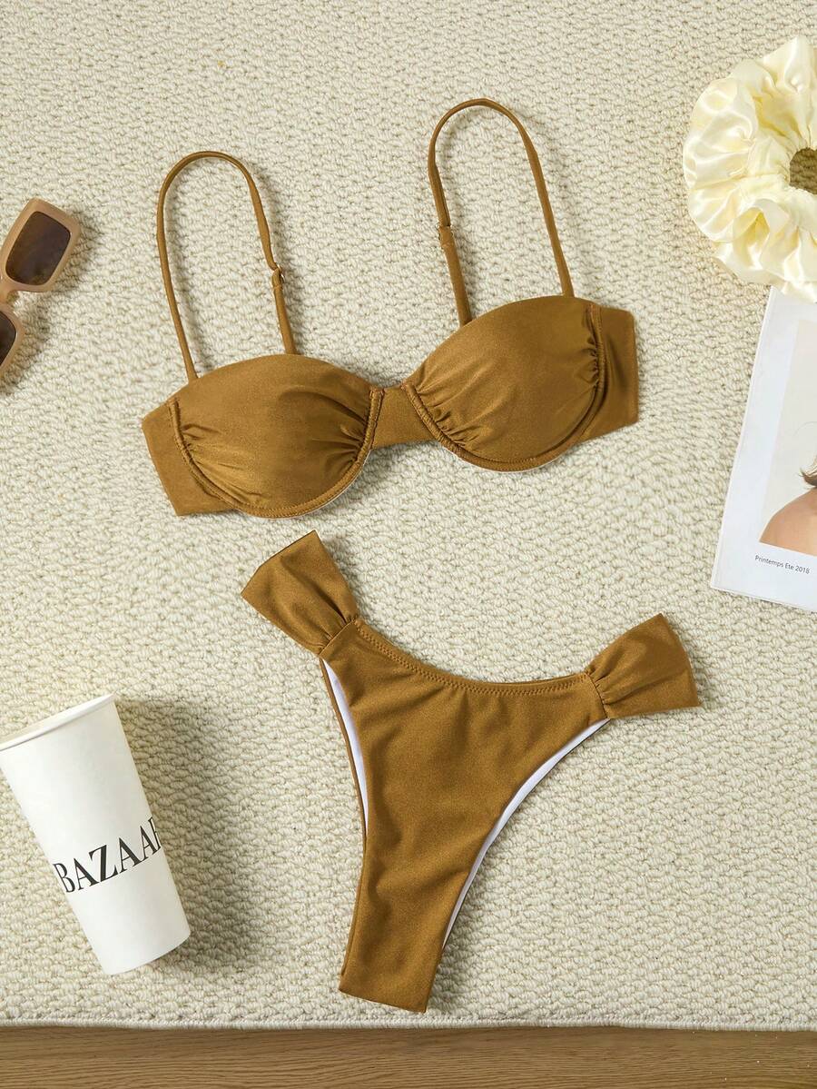 全新纯色简约日常装欧美风女士比基尼套装，非常适合海滩度假 - 棕色 - 查看 1