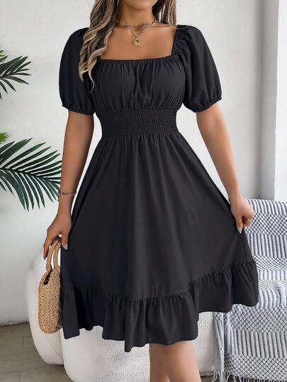 Spring & Summer Casual Vacation Puff Sleeve Square Collar Waist Cinched Midi Dress Black Elegant