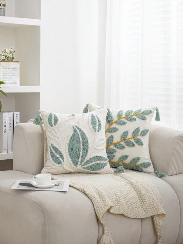1 pièce/2 pièces Taie d'oreiller décorative avec motif de branche et feuille d'arbre vert, en tissu chenille de style nordique avec glands, pour la maison, la chambre, le canapé, la voiture, le jardin, 45*45cm, pour utilisation saisonnière