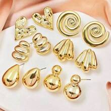 6 Pairs European And American Style Gold Color Earrings Set, Gift For Ladies And Girls For Daily Wear And Gatherings
