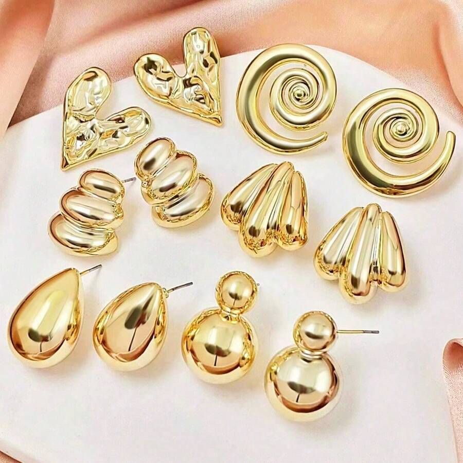 6 Pairs European And American Style Gold Color Earrings Set, Gift For Ladies And Girls For Daily Wear And Gatherings