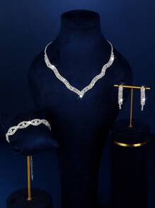 1 pièce Ensemble de bijoux de mariée tout en diamant à la mode, comprenant colliers, boucles d'oreilles et bracelets, convient pour le port quotidien des femmes, les mariages, les fêtes, etc.